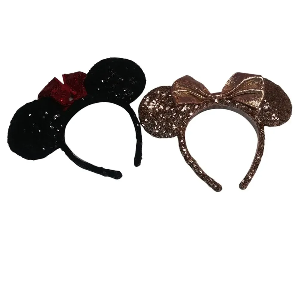 Set of Black and Rose Gold Sequin Mouse Ear Headbands Vacation Size One Size